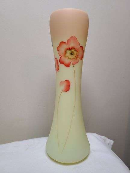 Fenton Burmese Pitcher Hand Painted Poppies, Fenton Burmese Hand Painted Poppies Glass Vase