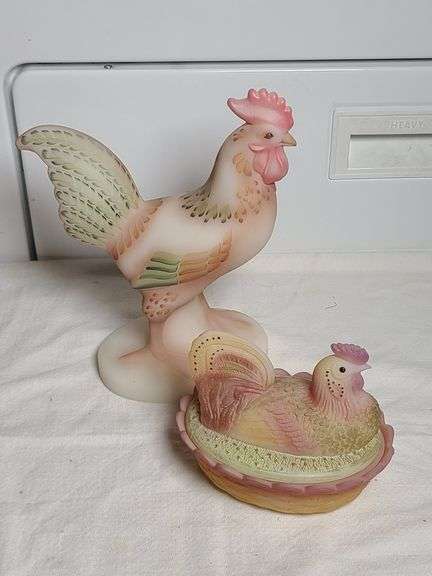 Fenton Folk Art Hand Painted Rooster Hen on Nest, Fenton Ivory Satin Large Rooster Figurine