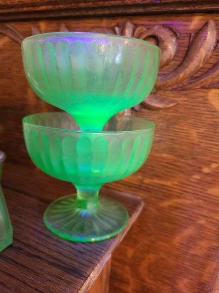 4) Uranium Glass Footed Dessert Bowls, 5) Uranium Glass Salt and Pepper Shakers, 2) Uranium Glass Bo