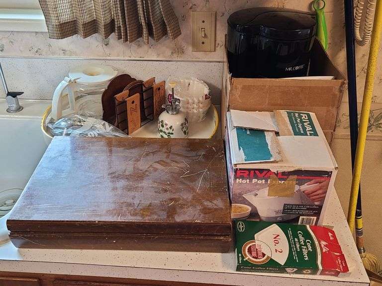 Mr. Coffee Coffee Pot, Tray, Napkin Holders, Coffee Filters, Wood Flatware Box, Flatware