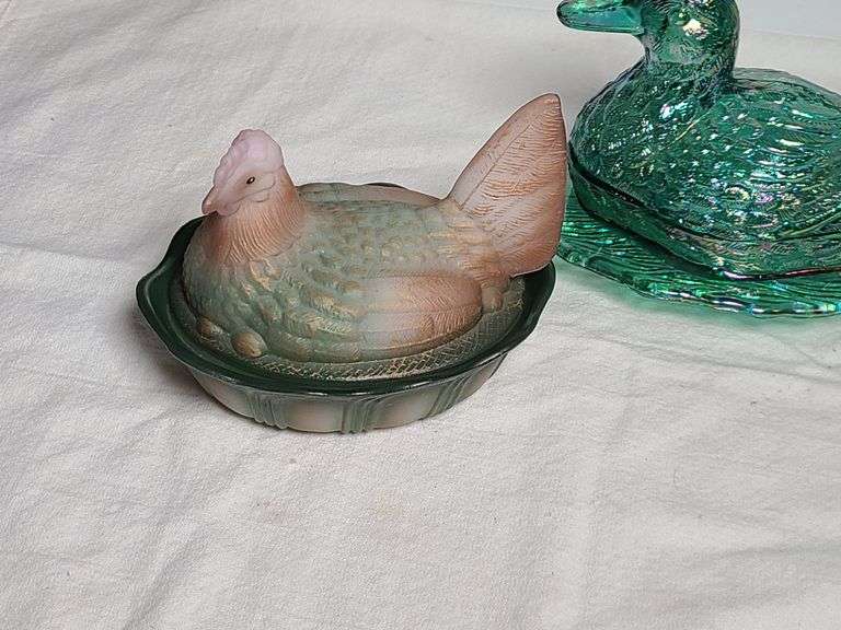 Blue Opaline Milk Glass Hen on Nest Dish, Glass Chicken Hen 7 Deviled Egg Holder