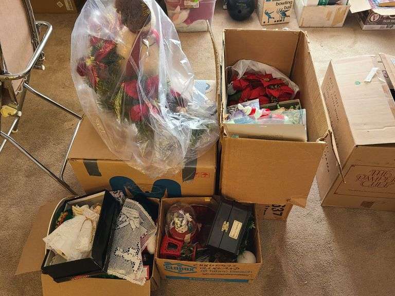 4) Boxes of Holiday Decor - Music Box, Candles, Angel, Cards, Tree Topper and More