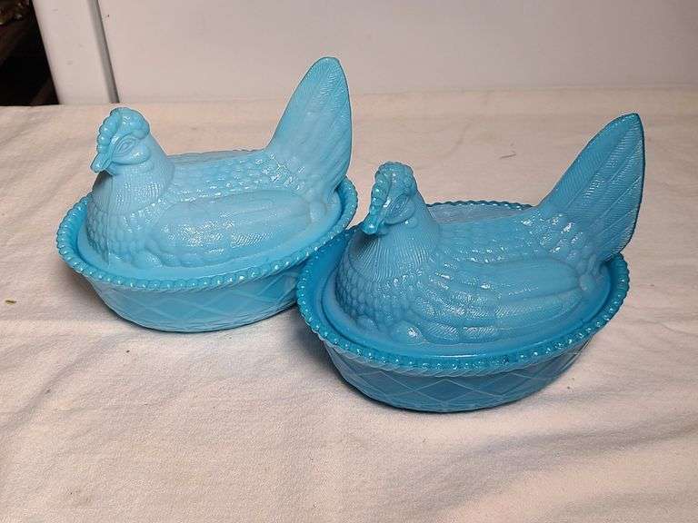 Fenton Hand-Painted Hen on Nest Dish, Fenton Depression Glass Duck Dish