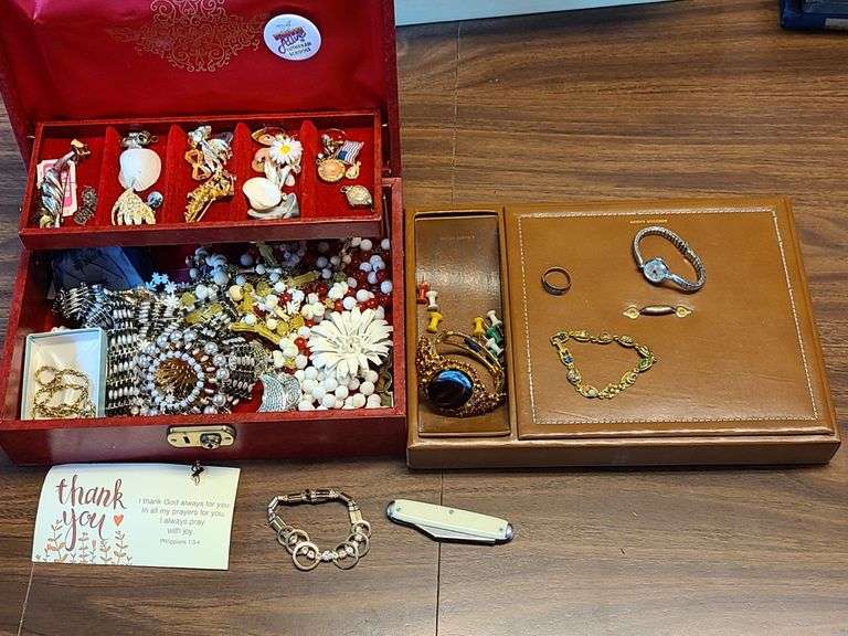 Jewelry Box with Contents, Necklaces, Pins, Bracelets, Watch and More
