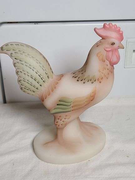 Fenton Folk Art Hand Painted Rooster Hen on Nest, Fenton Ivory Satin Large Rooster Figurine