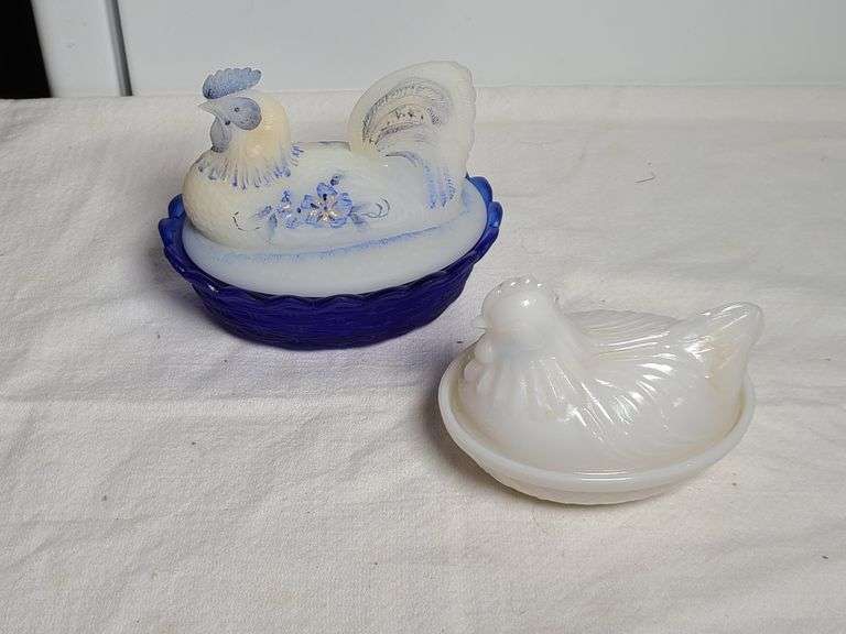 Fenton Blue Toile Rooster on Nest Box,  Milk Glass Hen on Nest