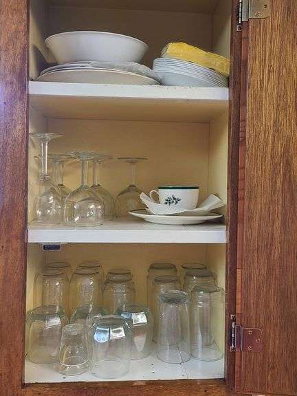 Contents of Cupboard and Drawers- Corelle, Glasses, Stemware, Flatware, Kitchen Utensils