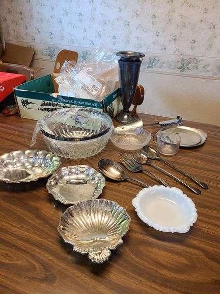 Derby S International Silver Co. Vase, Glass Leaf Dish, Milk Glass Dish, W.M. Rogers Serving Forks &