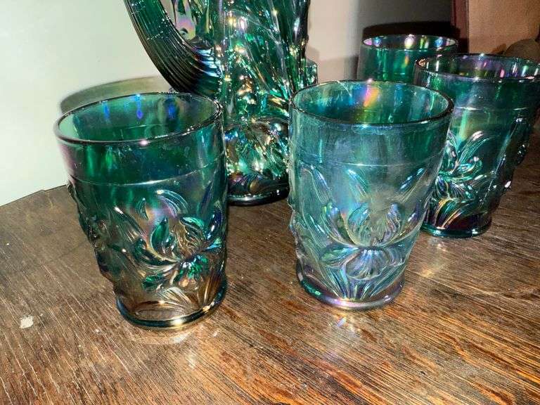 Fenton Green Spruce Carnival Glass Iris Tankard Pitcher and Tumbler Set