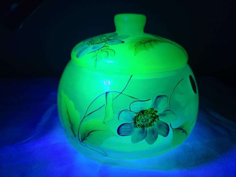 Fenton Vaseline Hand Painted Lidded Jar