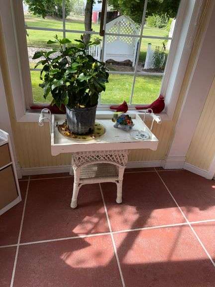 Plants, Wicker End Table and Red Cardinals