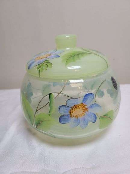 Fenton Vaseline Hand Painted Lidded Jar
