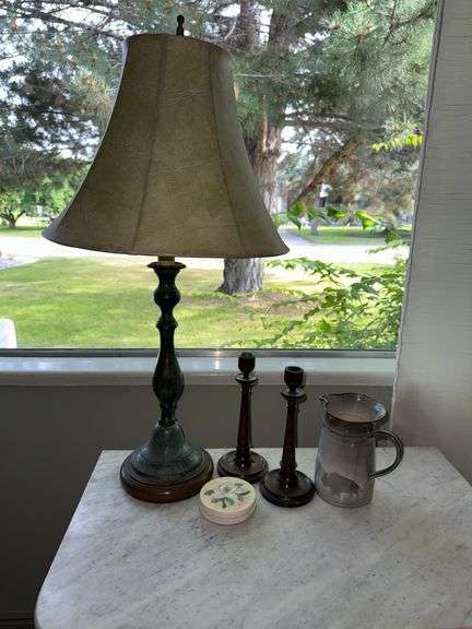 Green Marble Table Lamp, Candle Sticks, Coasters, Pottery Pitcher