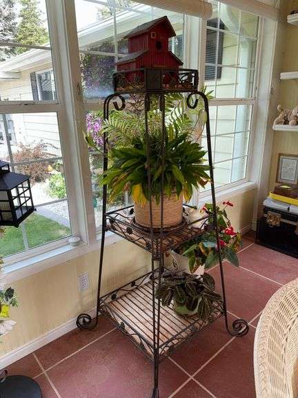 Plant Stand, Plants and Bird House
