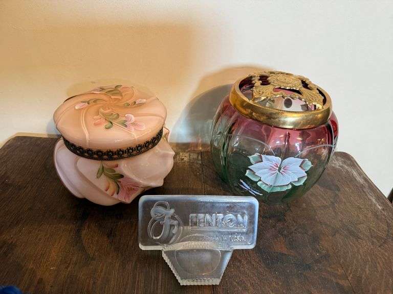 Fenton Rubina Verde Melon Box  with Brass Lid, Fenton Puff Box Sunset Overlay Wavercast Baroque Flor
