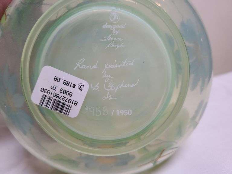 Fenton Vaseline Hand Painted Lidded Jar