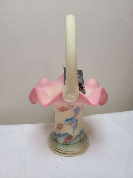 Burmese Fenton Bluebird Hand Painted Basket, Fenton Blackberry Bouquet Vase