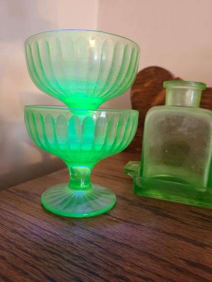 4) Uranium Glass Footed Dessert Bowls, 5) Uranium Glass Salt and Pepper Shakers, 2) Uranium Glass Bo