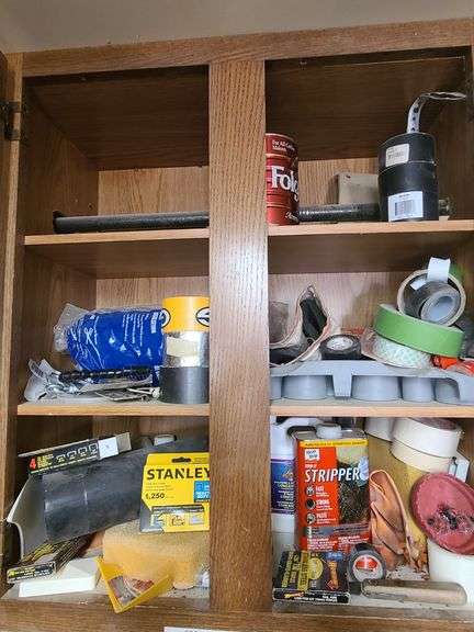 Assorted Painting Tape, Electrical Tape, Staples, Paint Stripper – Contents of Cupboard
