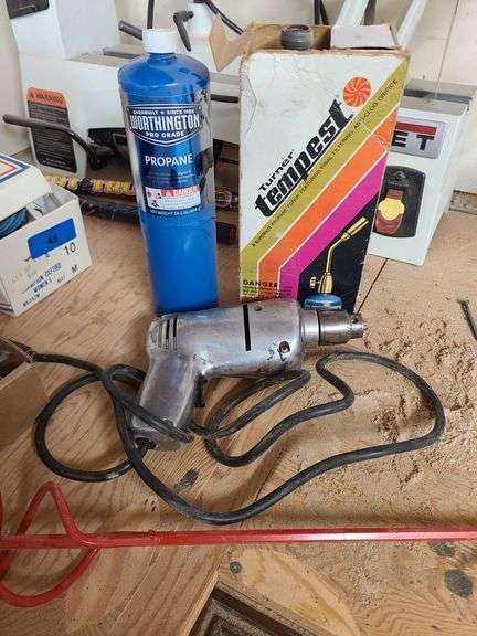 Two Propane Cans with Torch, Chicago Power Tools Drill