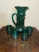 Fenton Green Spruce Carnival Glass Iris Tankard Pitcher and Tumbler Set