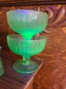 4) Uranium Glass Footed Dessert Bowls, 5) Uranium Glass Salt and Pepper Shakers, 2) Uranium Glass Bo