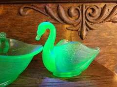 Uranium Glass Serving Plate, Uranium Glass Swan Bowl, Uranium Glass Bowl with Bird Handles