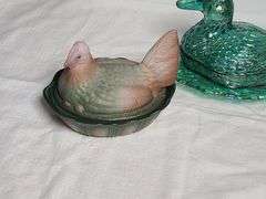 Blue Opaline Milk Glass Hen on Nest Dish, Glass Chicken Hen 7 Deviled Egg Holder