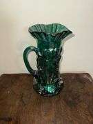 Fenton Green Spruce Carnival Glass Iris Tankard Pitcher and Tumbler Set