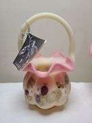 Burmese Fenton Bluebird Hand Painted Basket, Fenton Blackberry Bouquet Vase