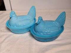 Fenton Hand-Painted Hen on Nest Dish, Fenton Depression Glass Duck Dish