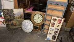 Wooden Shelf, Round Frame, Basket, 3) Clocks, Framed Print, Glass Jar