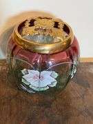 Fenton Rubina Verde Melon Box  with Brass Lid, Fenton Puff Box Sunset Overlay Wavercast Baroque Flor