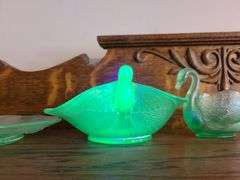 Uranium Glass Serving Plate, Uranium Glass Swan Bowl, Uranium Glass Bowl with Bird Handles