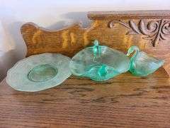 Uranium Glass Serving Plate, Uranium Glass Swan Bowl, Uranium Glass Bowl with Bird Handles