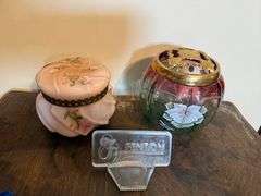 Fenton Rubina Verde Melon Box  with Brass Lid, Fenton Puff Box Sunset Overlay Wavercast Baroque Flor