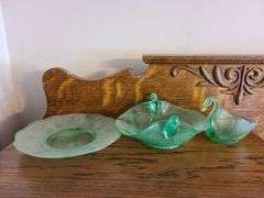 Uranium Glass Serving Plate, Uranium Glass Swan Bowl, Uranium Glass Bowl with Bird Handles