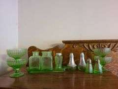 4) Uranium Glass Footed Dessert Bowls, 5) Uranium Glass Salt and Pepper Shakers, 2) Uranium Glass Bo