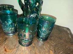 Fenton Green Spruce Carnival Glass Iris Tankard Pitcher and Tumbler Set