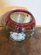 Fenton Rubina Verde Melon Box  with Brass Lid, Fenton Puff Box Sunset Overlay Wavercast Baroque Flor