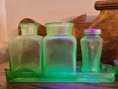 4) Uranium Glass Footed Dessert Bowls, 5) Uranium Glass Salt and Pepper Shakers, 2) Uranium Glass Bo
