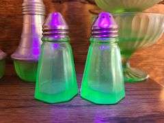 4) Uranium Glass Footed Dessert Bowls, 5) Uranium Glass Salt and Pepper Shakers, 2) Uranium Glass Bo