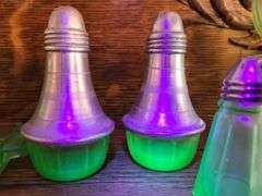 4) Uranium Glass Footed Dessert Bowls, 5) Uranium Glass Salt and Pepper Shakers, 2) Uranium Glass Bo