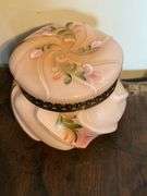 Fenton Rubina Verde Melon Box  with Brass Lid, Fenton Puff Box Sunset Overlay Wavercast Baroque Flor