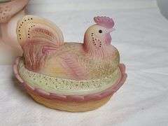 Fenton Folk Art Hand Painted Rooster Hen on Nest, Fenton Ivory Satin Large Rooster Figurine