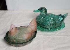 Blue Opaline Milk Glass Hen on Nest Dish, Glass Chicken Hen 7 Deviled Egg Holder