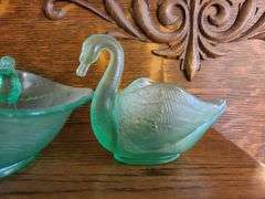 Uranium Glass Serving Plate, Uranium Glass Swan Bowl, Uranium Glass Bowl with Bird Handles