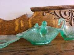 Uranium Glass Serving Plate, Uranium Glass Swan Bowl, Uranium Glass Bowl with Bird Handles