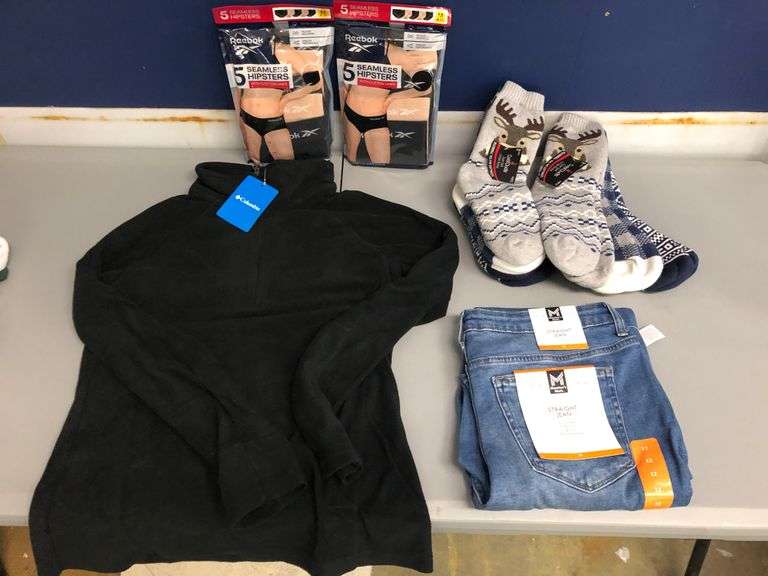 2) Reebok Seamless Hipsters, 2) CuddlDuds Lounge Socks 3pk, Straight Jean, Columbia Jacket