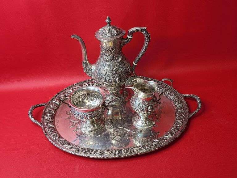 S. Kirk & Son Sterling Tea Set - Tray, Pitcher, Cream & Sugar